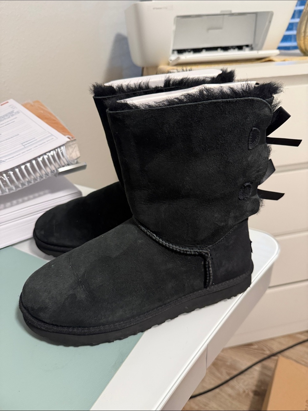 UGG Black Suede Faux Fur Back-Bow Short Boots